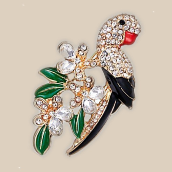 Parrot Brooch Pin Back Crystal Rhinestone Leaves Branches - Pin Back- Detailed - Picture 3 of 7